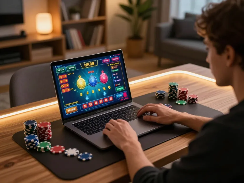 Player engaging with the NK88 online casino game on a laptop, showcasing strategic gameplay.
