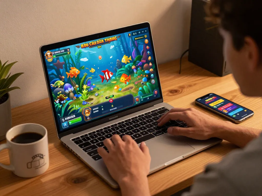 Bắn Cá Đổi Thưởng gameplay visualization with animated fish on the screen, player engaged in strategic gaming.