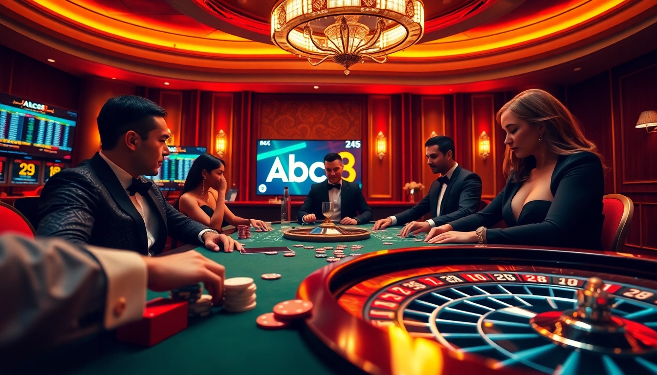 Engage in an exciting poker game at ABC8 Casino with vibrant chips and enveloping atmosphere.