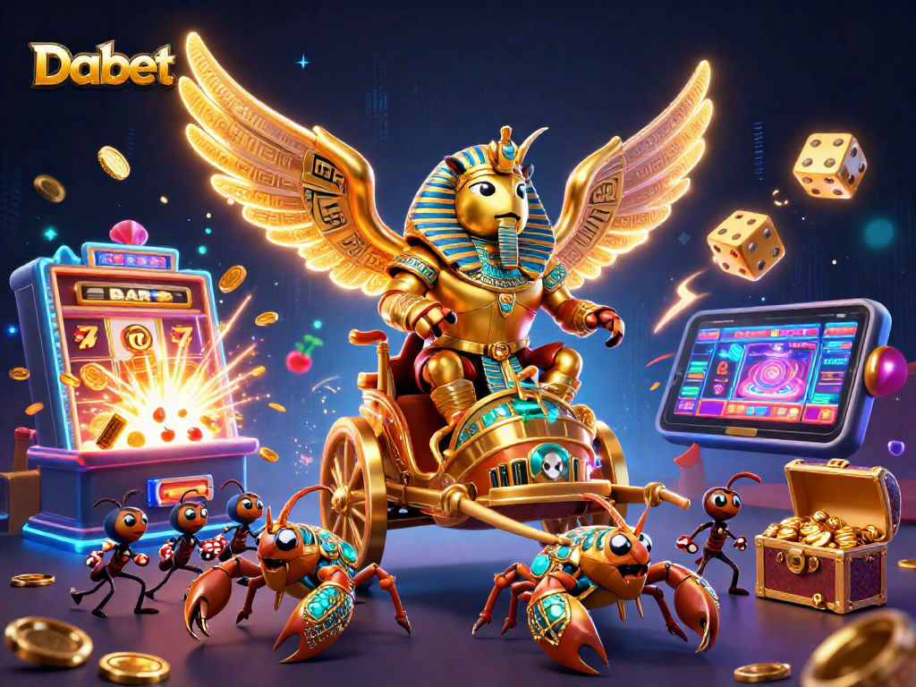 Dabet showcases a vibrant casino scene with a golden scarab beetle in a thrilling jackpot moment.
