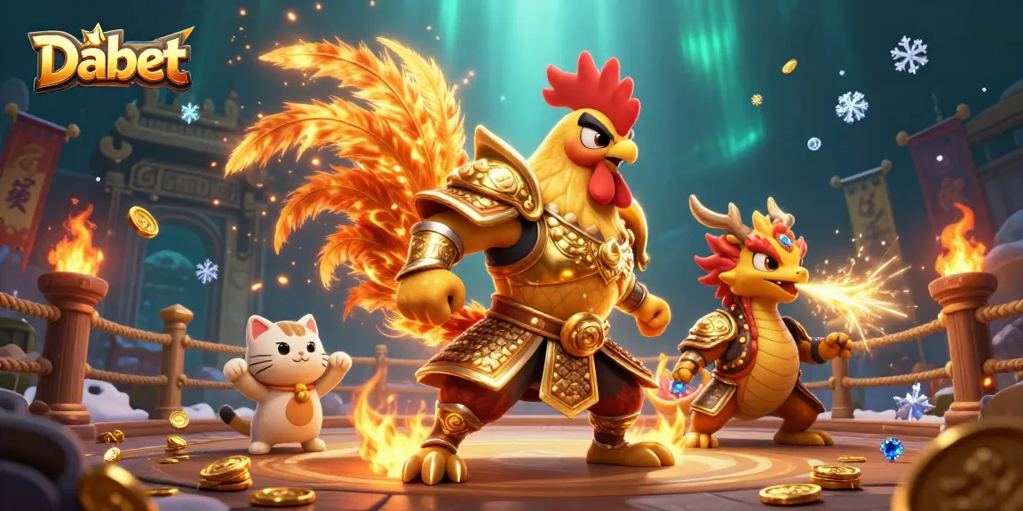 Dabet showcases an epic scene of a fighting rooster and dragon in a vibrant casino arena.
