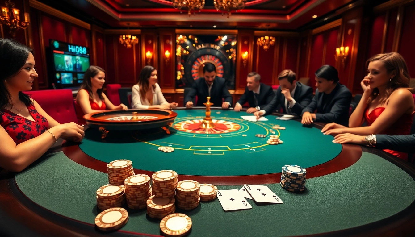 Excited players enjoying a high-stakes poker game at Hi88's luxurious casino.