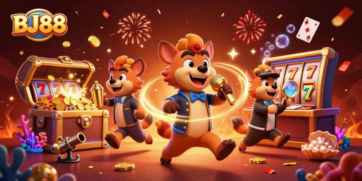 Engage with BJ88 in a vibrant casino scene with fun hyenas and dynamic game elements.