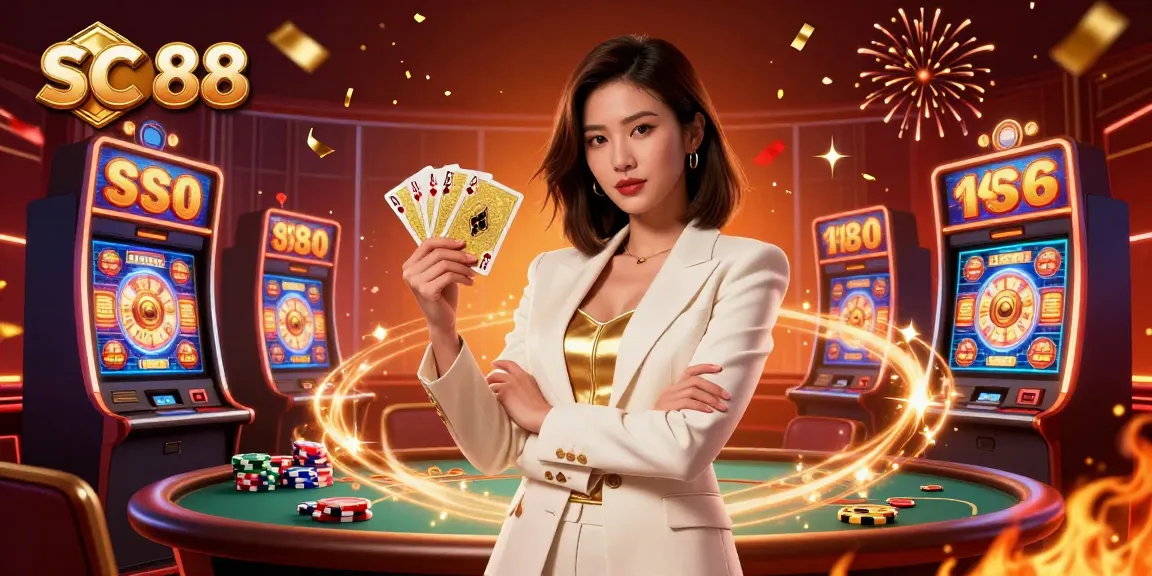 Experience SC 88's exciting online casino atmosphere with vibrant slot machines, golden cards, and sparkling decorations.