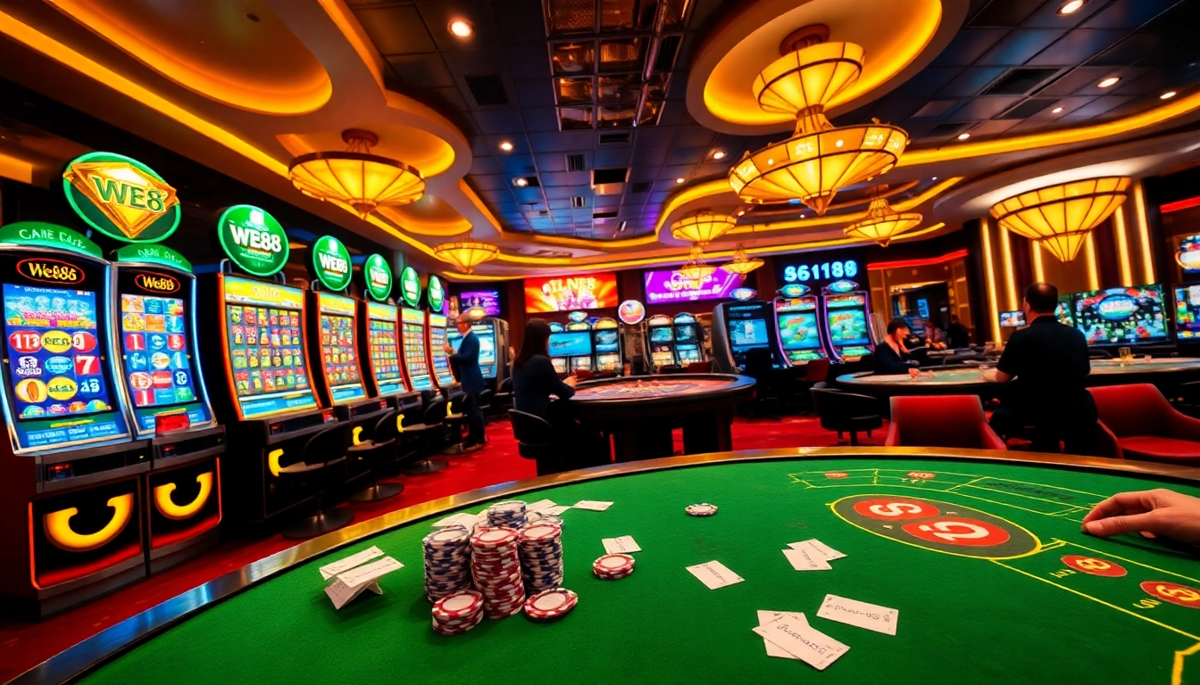 Exciting WE88 online casino gaming scene with vibrant slots, roulette tables, and poker action.