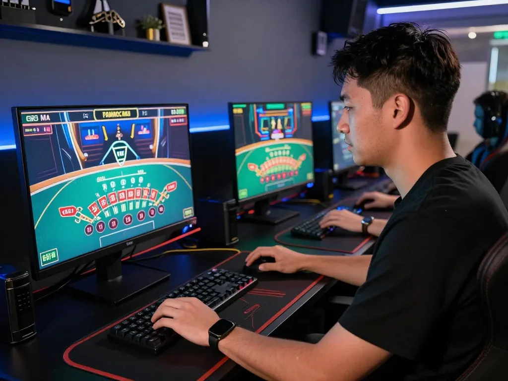 Engaged player using hi88 platform for strategic online gambling at a professional gaming setup