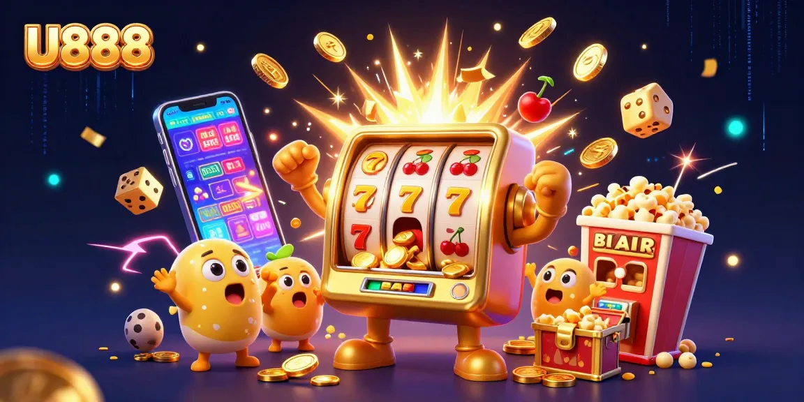 U888 slot machine hits jackpot amidst coins and cheering, creating an exciting casino atmosphere.