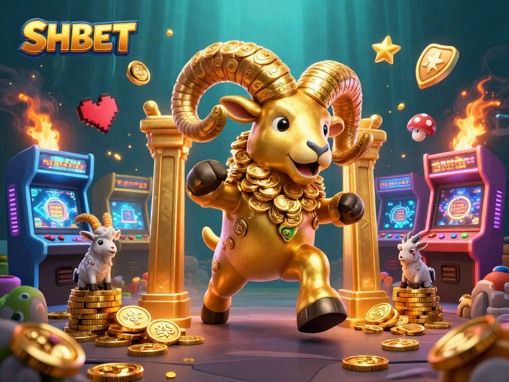Experience SHBET gaming excitement with a golden ram charging at a casino gate, surrounded by arcade elements.