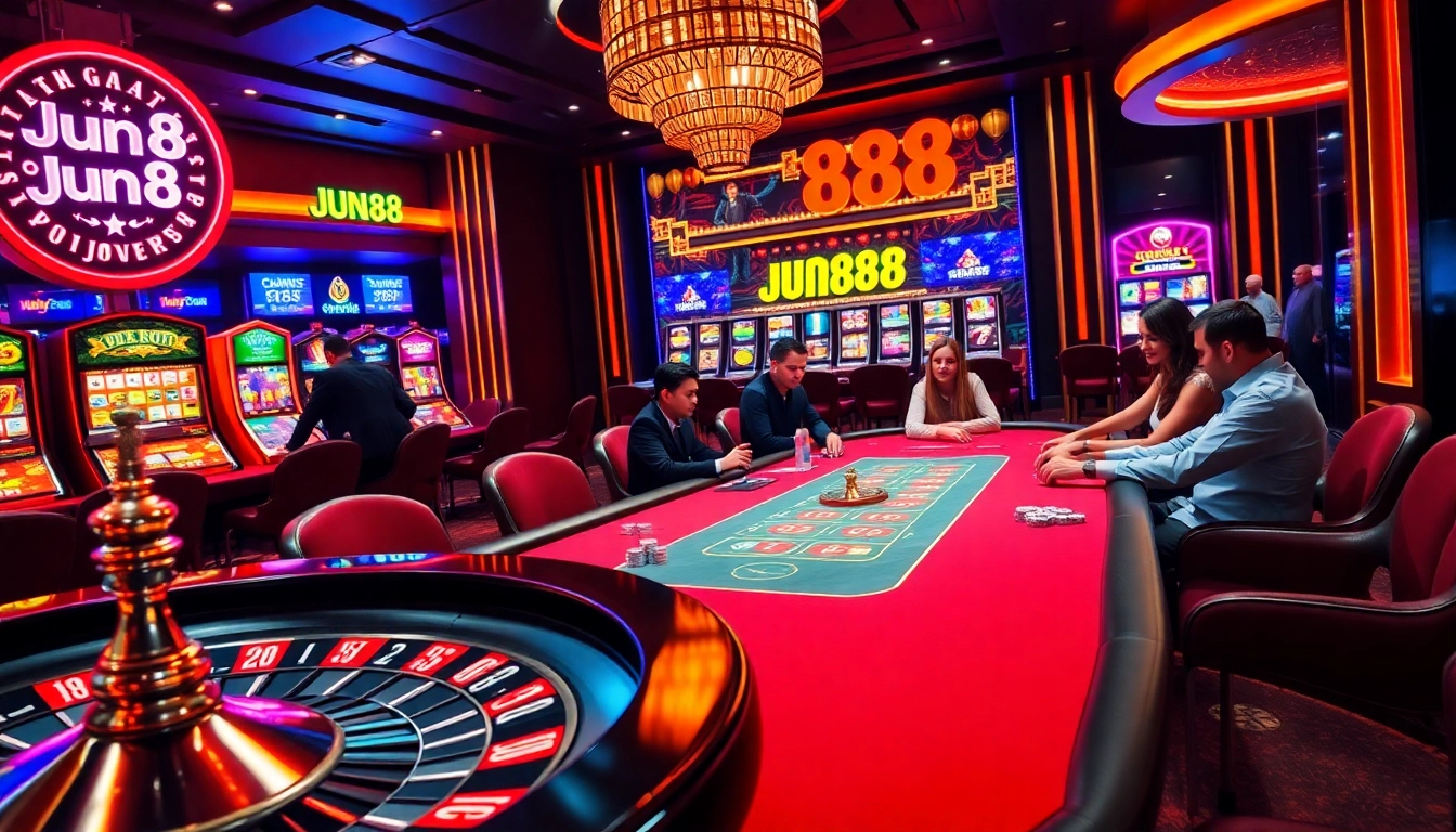 Players enjoying an exciting game of poker at Jun88 casino, surrounded by vibrant table games and slot machines.