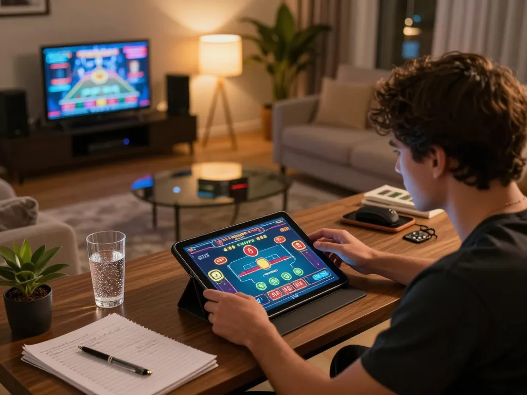 Player strategizing with a tablet on online casino 123B, showcasing responsible gaming.