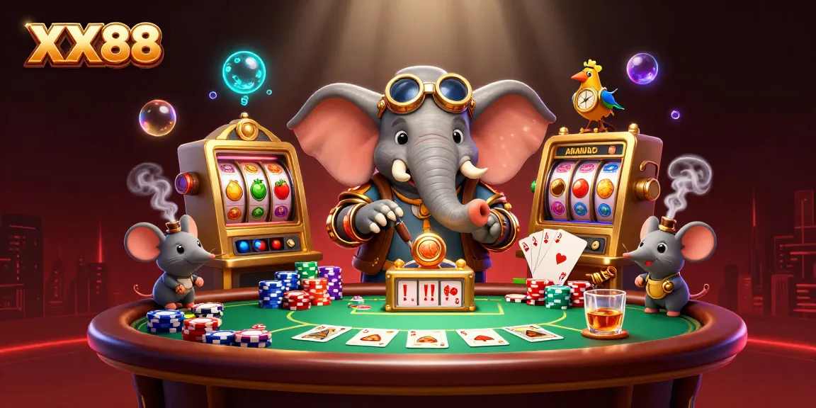 Engage with XX88's vibrant gaming scene featuring a steampunk elephant, slot machines, and colorful poker action.