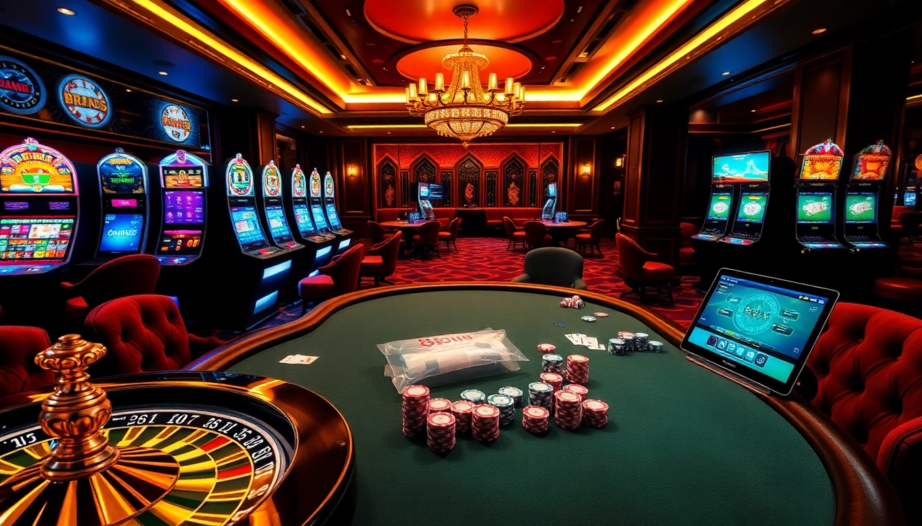 Experience the excitement of 8day with players at a luxurious casino table, surrounded by vibrant slot machines and roulette.