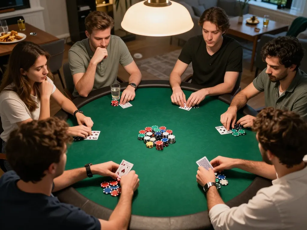 Players engaged in a thrilling poker game during a cozy home night, highlighting expert strategies in 789WIN.