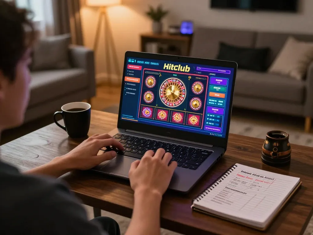 Playing Hitclub online casino on a laptop, showcasing vibrant game interface in cozy home setting.