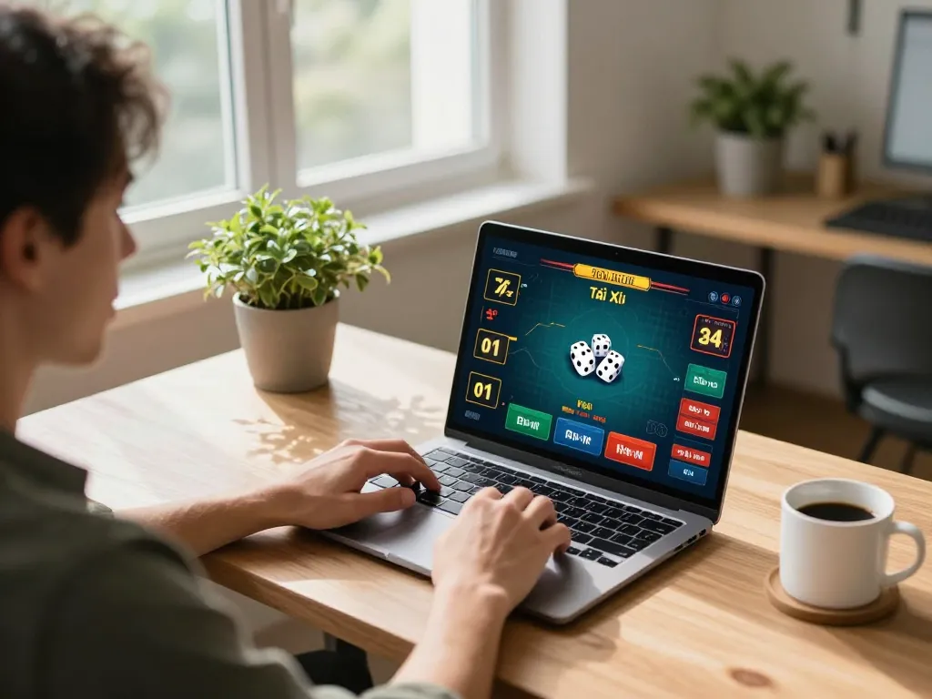 Engaging in online Tài Xỉu gaming at home with taixiuonline8 on laptop, showcasing vibrant interfaces and a cozy atmosphere