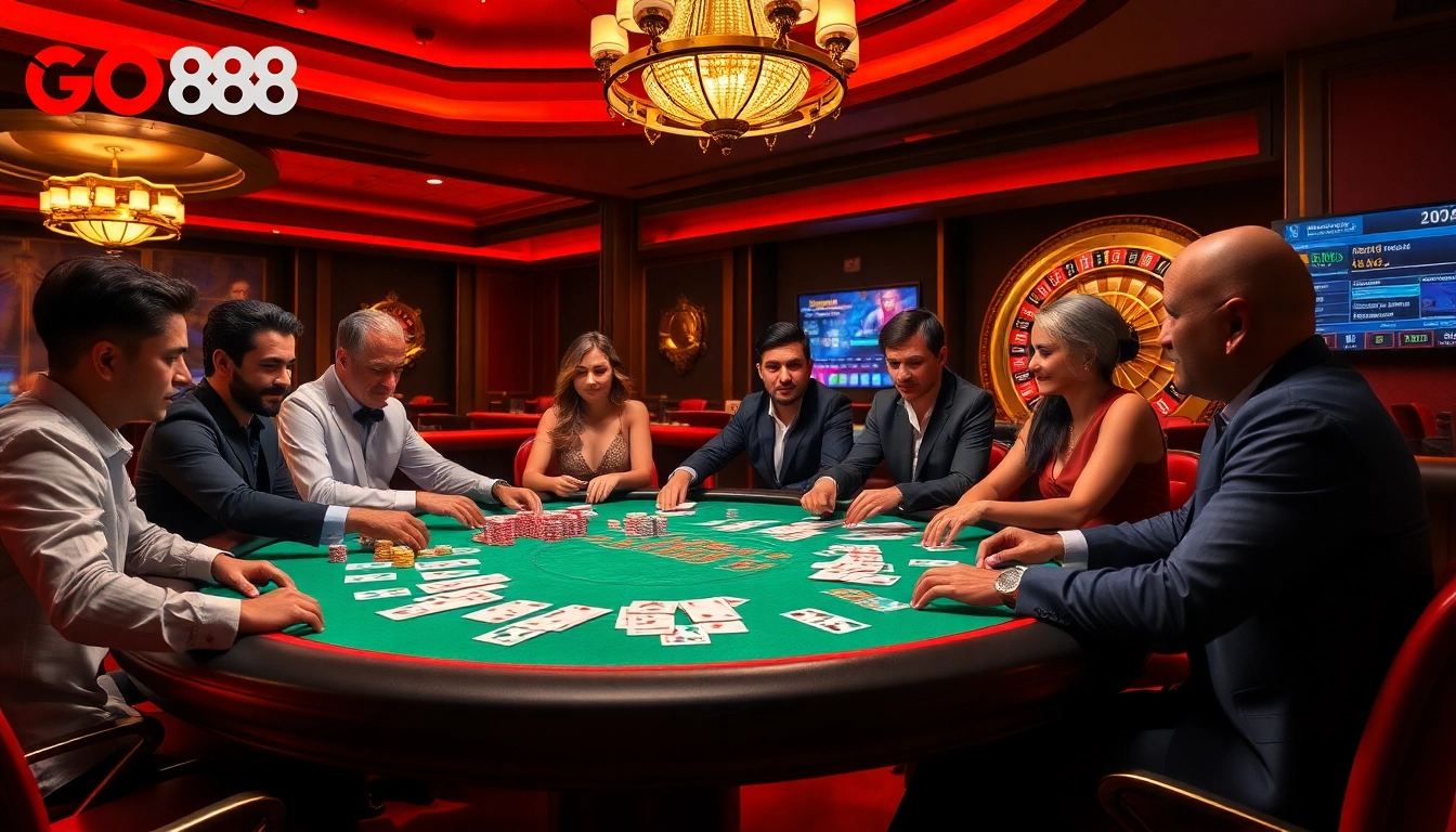 Engage with the excitement of GO88 in a luxurious casino setting featuring poker and roulette.