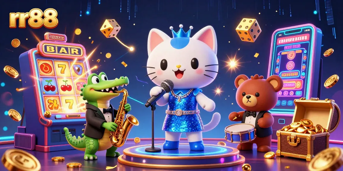 rr88 spins into action with vibrant casino characters and a jackpot explosion in a dynamic scene