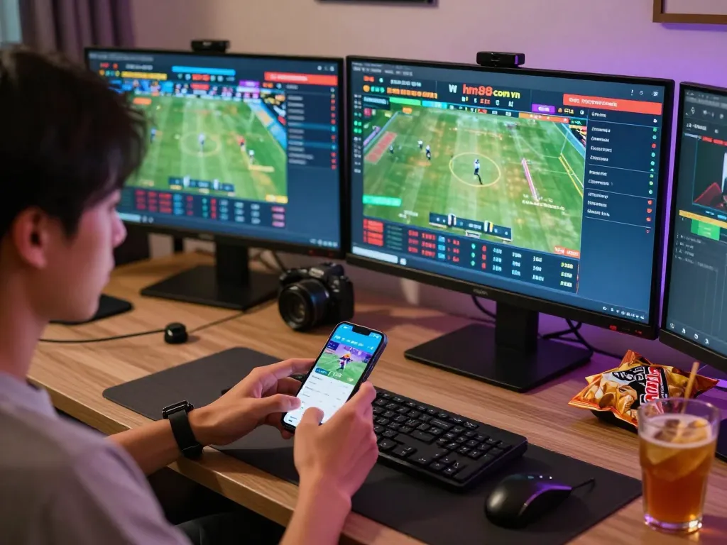 Engaging in sports betting on hm88 com vn with multiple screens showing live events and odds