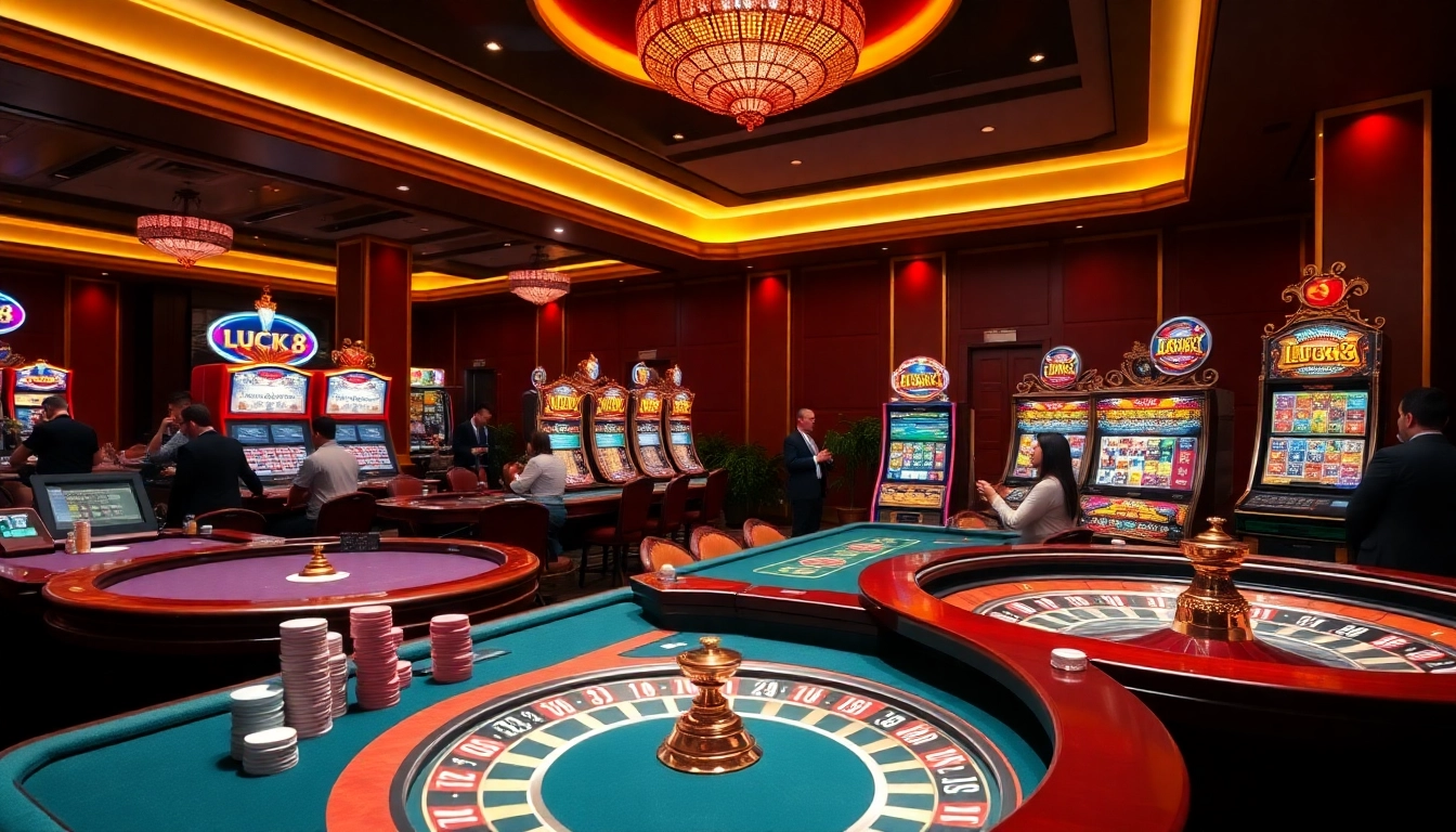 LUCK8 casino scene showcasing vibrant tables, poker chips, and luxury slots for immersive gaming.