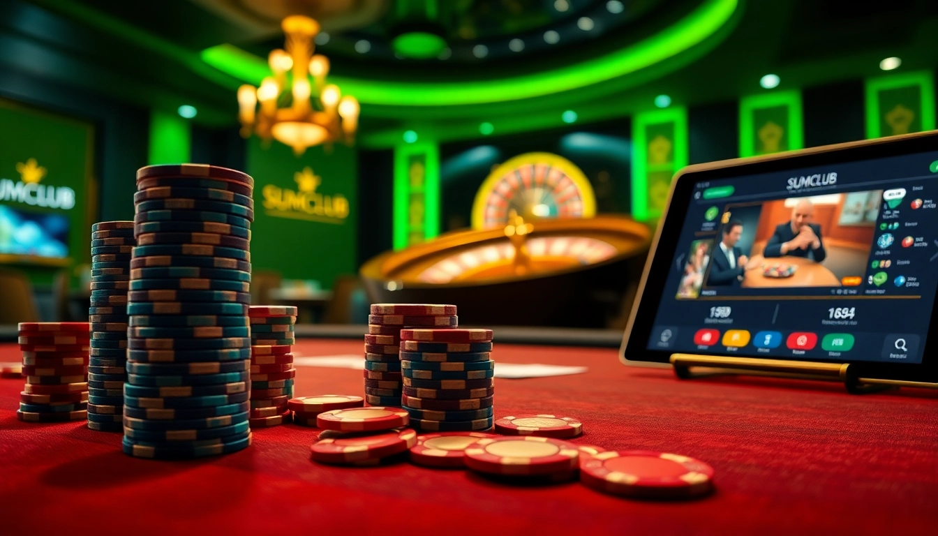Engage in thrilling gameplay at Sumclub’s vibrant online casino, featuring poker tables and colorful chips.