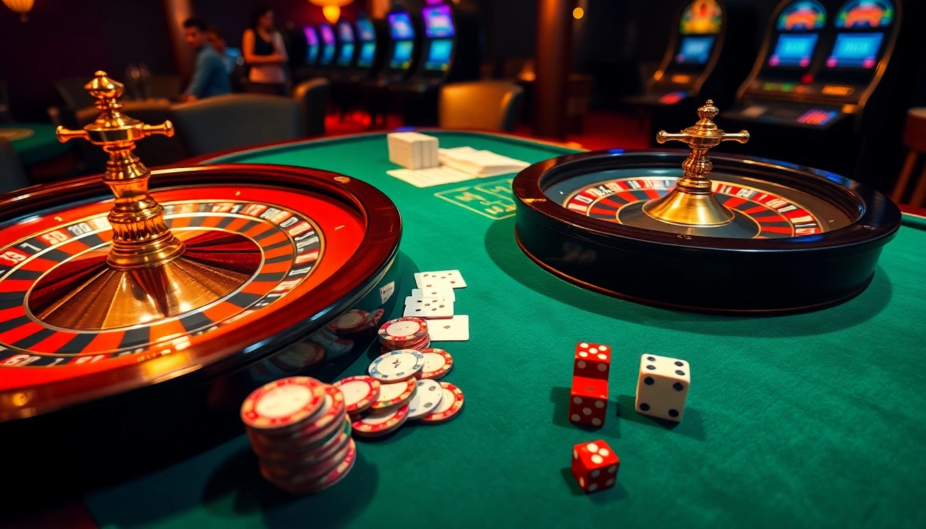 Engaging casino game scene showcasing hm88 poker chips and roulette wheel action.