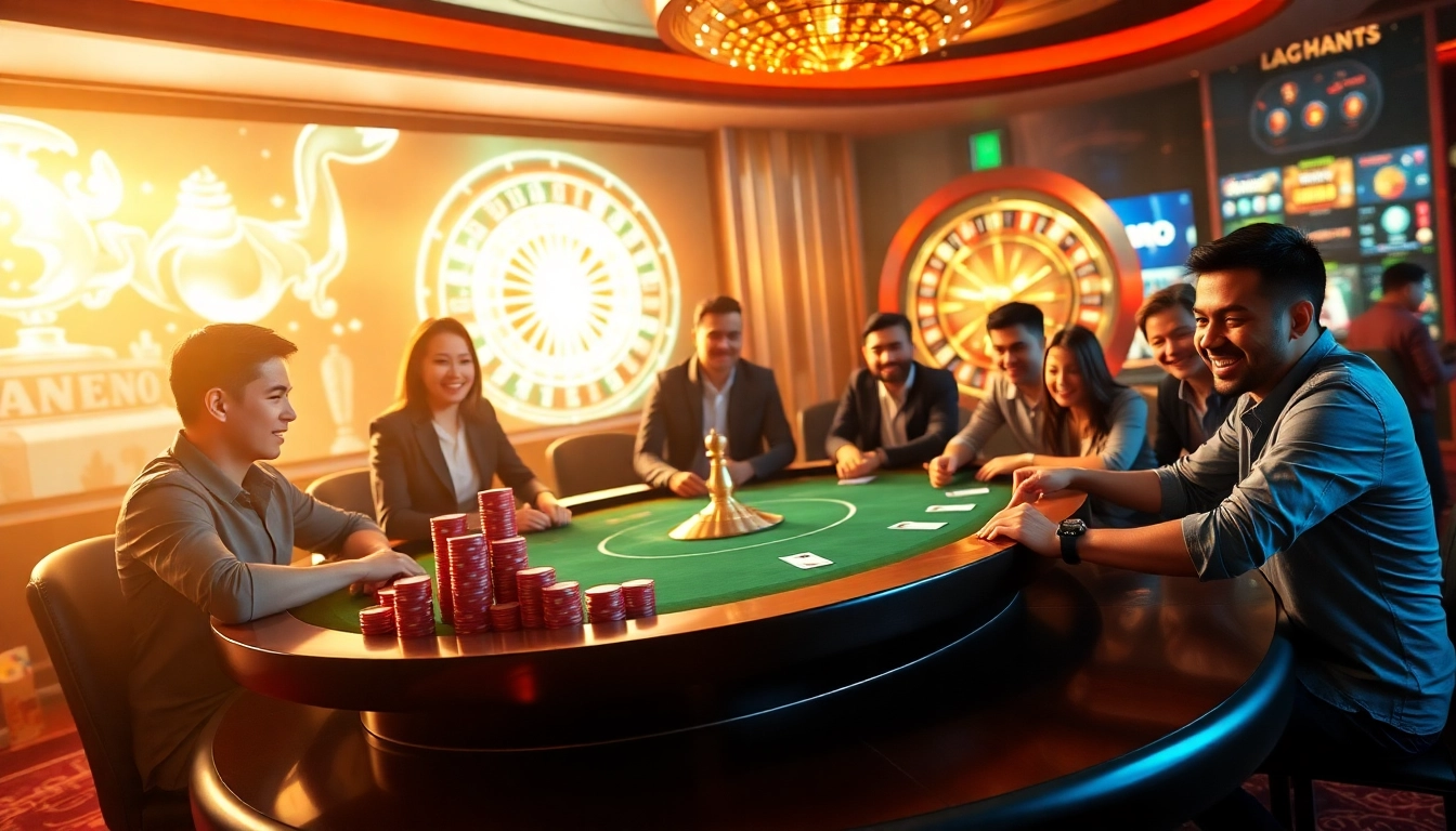 Experience the excitement of online betting at https://nk88nk.com/ with a vibrant poker scene featuring engaged players and casino elements.