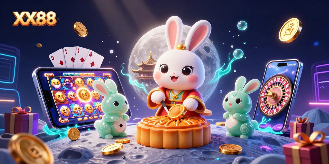 Engage with XX88's captivating casino theme featuring a moon rabbit and exciting slot games.