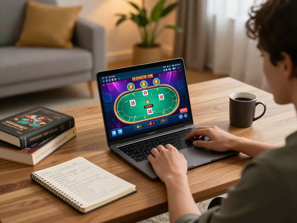 Person using jun88 online casino platform on a laptop in a cozy home setting, focusing on poker gameplay.