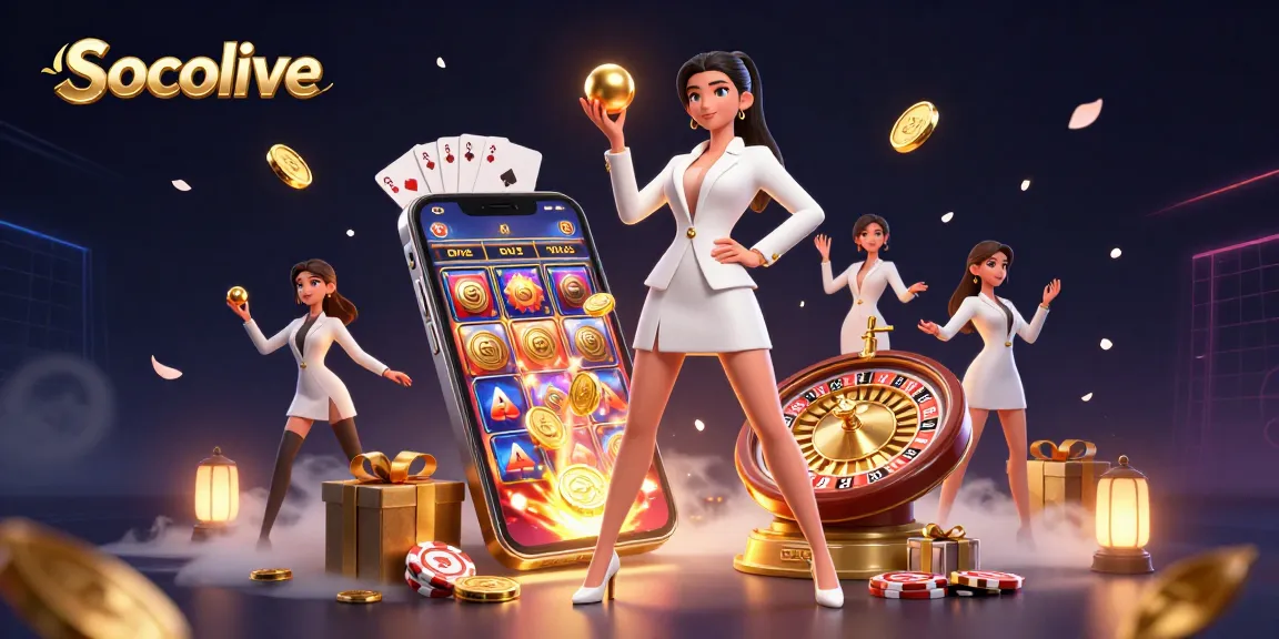 Socolive enhances the experience with a vibrant illustration of sports betting, showcasing a confident woman holding a roulette ball amid dynamic casino elements.
