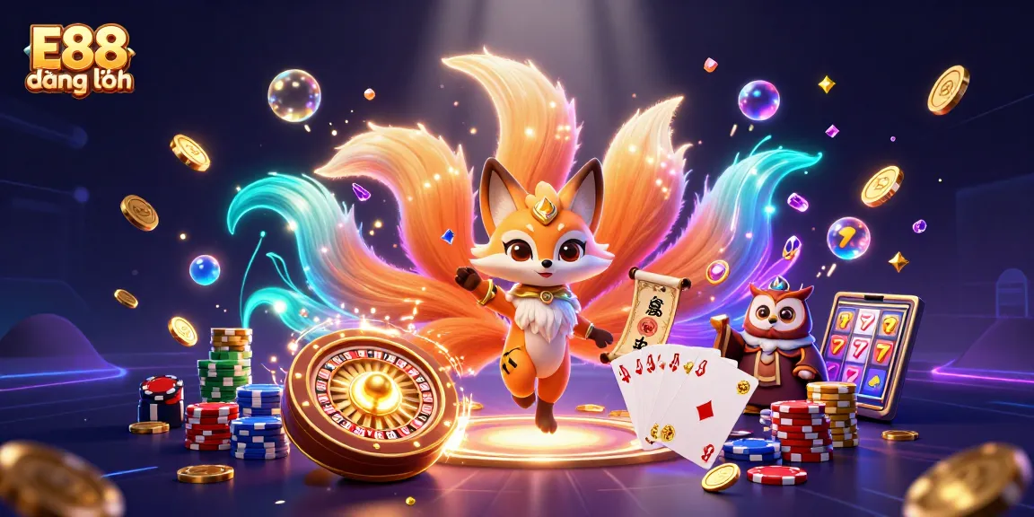 Experience E88 đăng nhập with vibrant colors and casino elements in a lively 3D scene.