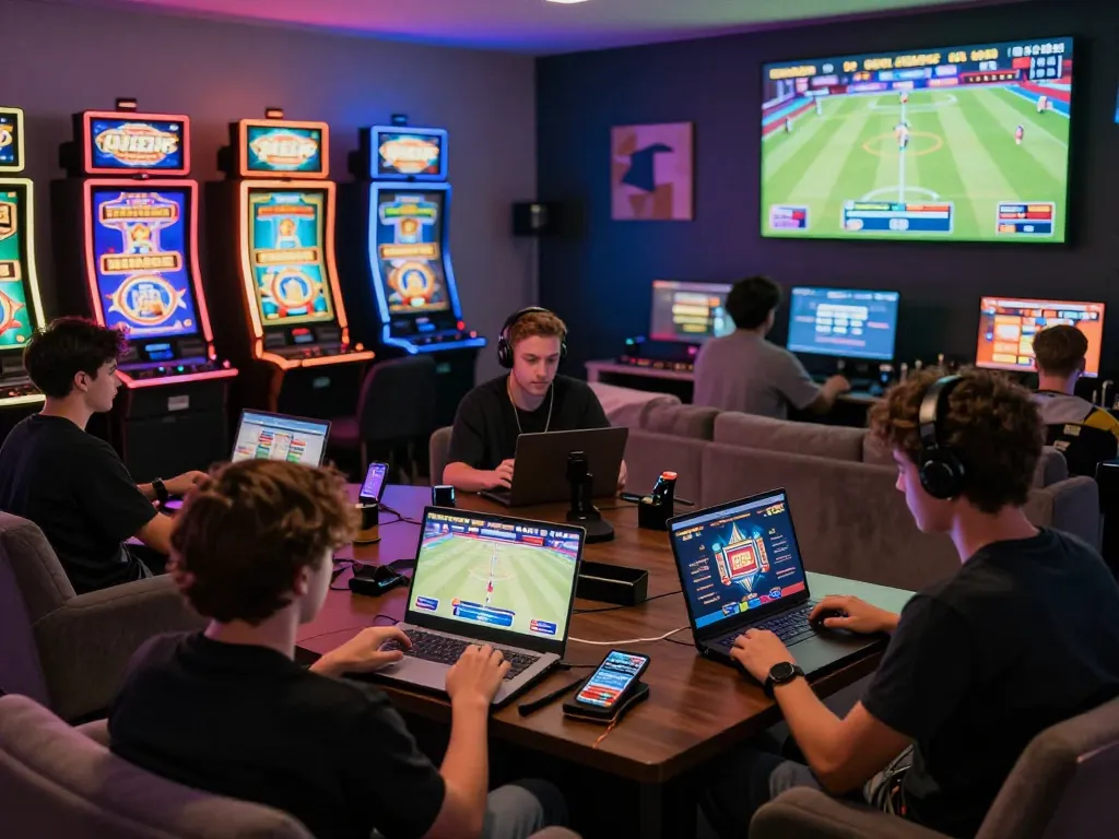 Engaging QE8 online gaming experience with players enjoying casino games in a vibrant living room setting.