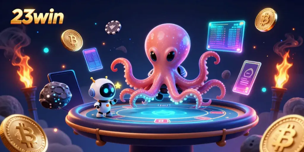 Engage with 23win through an alien octopus and robot at a holographic poker table in space.