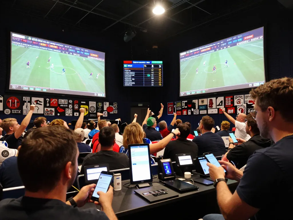 Engaged sports fans using keonhacai app for live bets in a vibrant arena