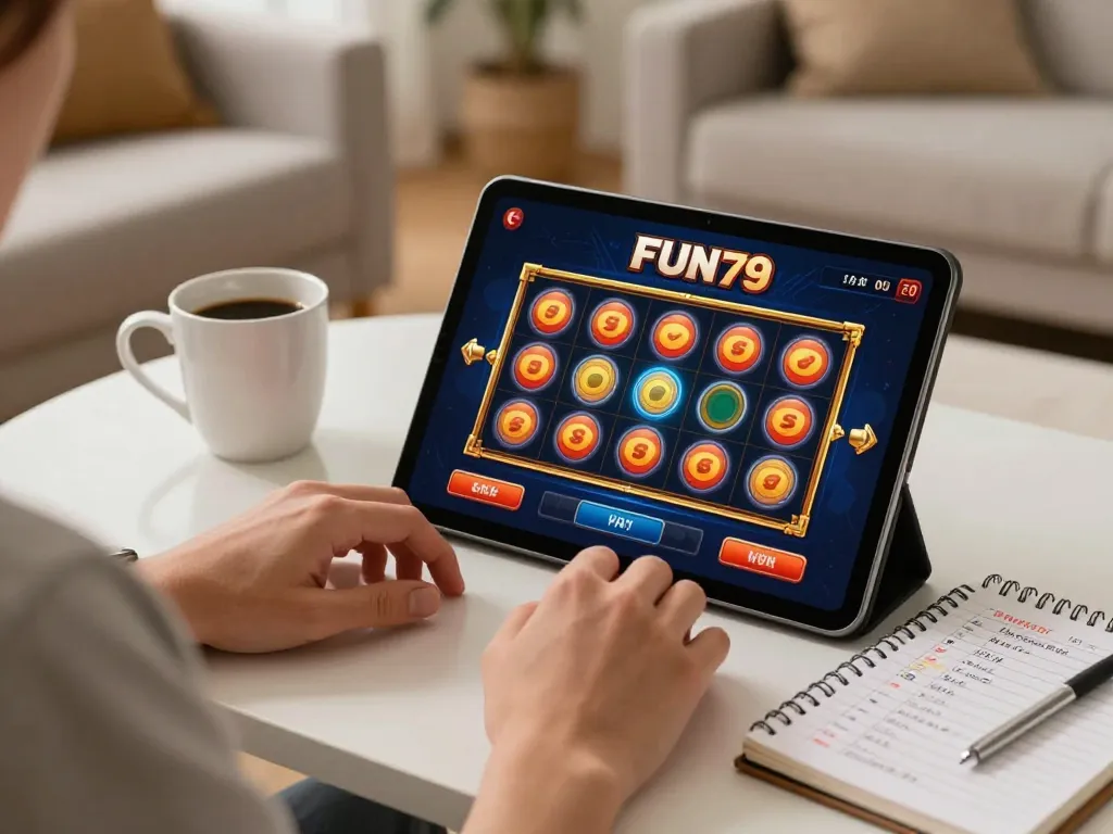 Engaging with the FUN79 online casino while strategizing, showcasing a comfortable gambling setup.