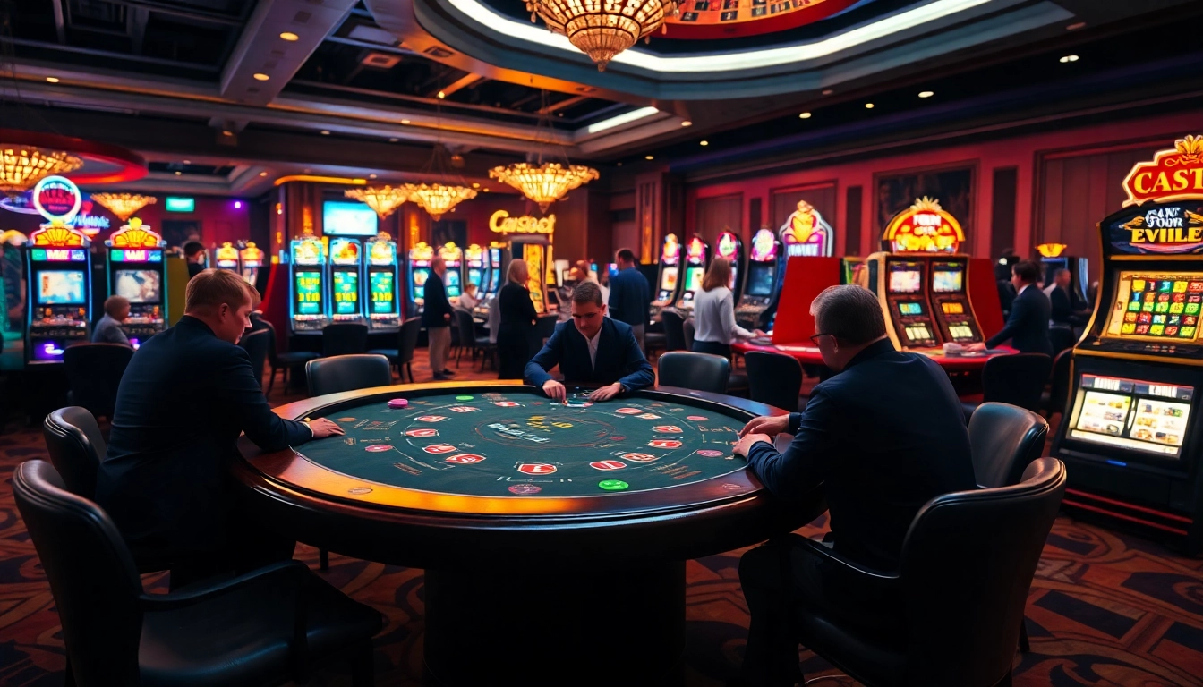 i9bet players enjoying a thrilling casino experience with poker, roulette, and slots.