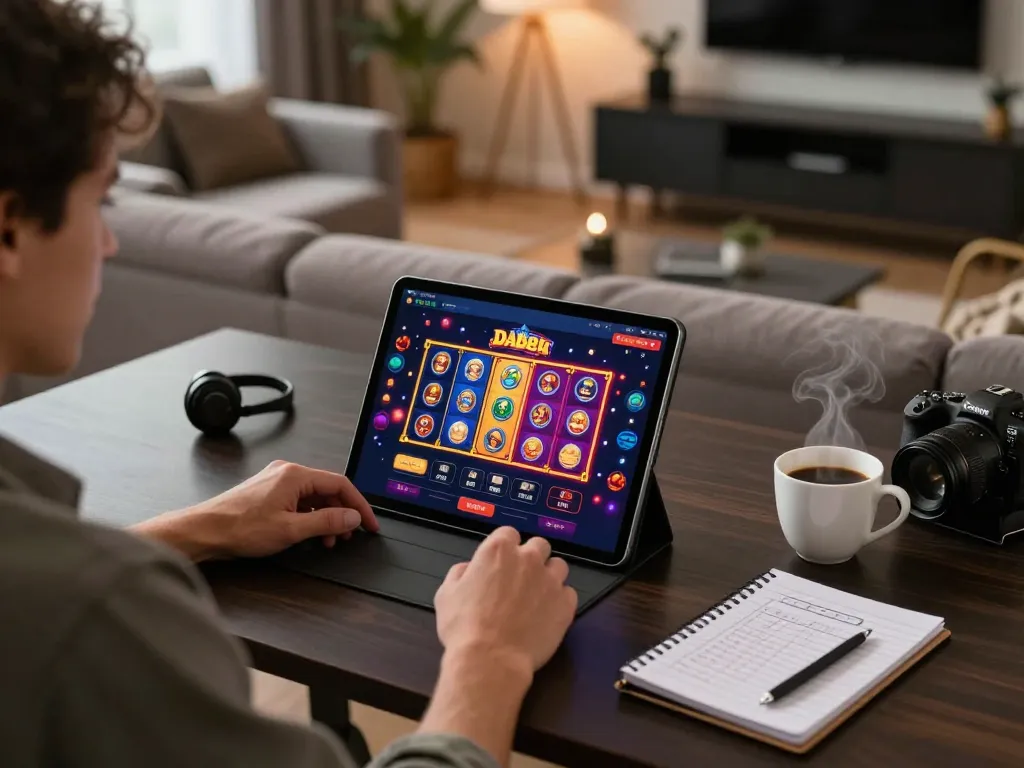Dabet offers an engaging online gaming experience with a cozy home setup showcasing live casino gameplay.