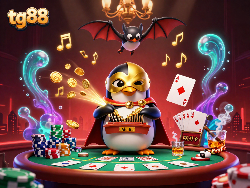 Experience the thrill of tg88 through a vibrant 3D casino scene, showcasing exciting poker dynamics and whimsical characters.