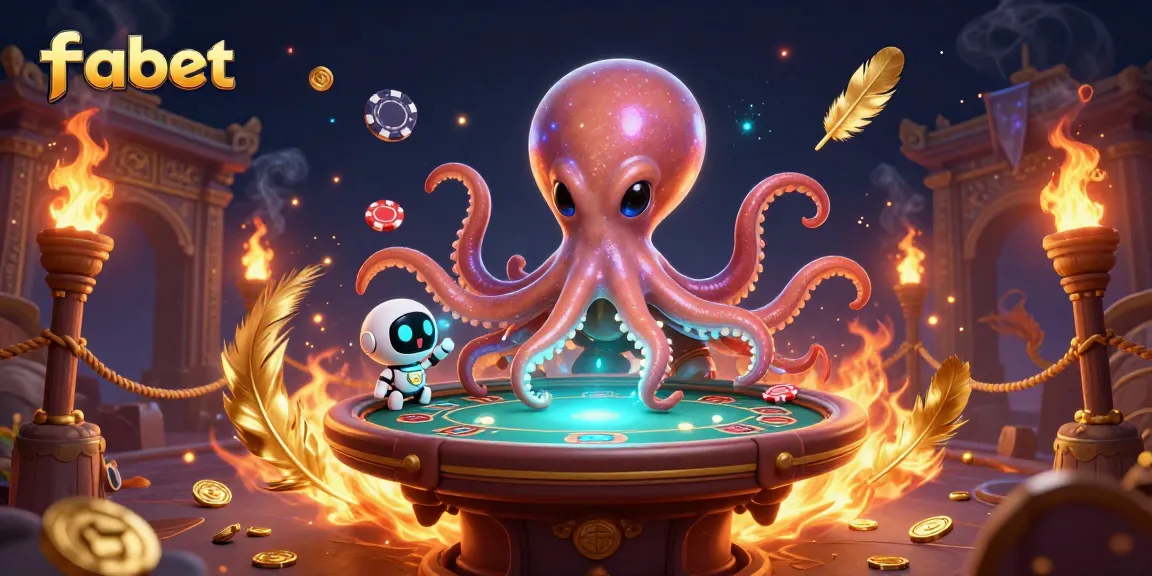 Engage in thrilling games at fabet with excited alien octopus and holographic poker table.