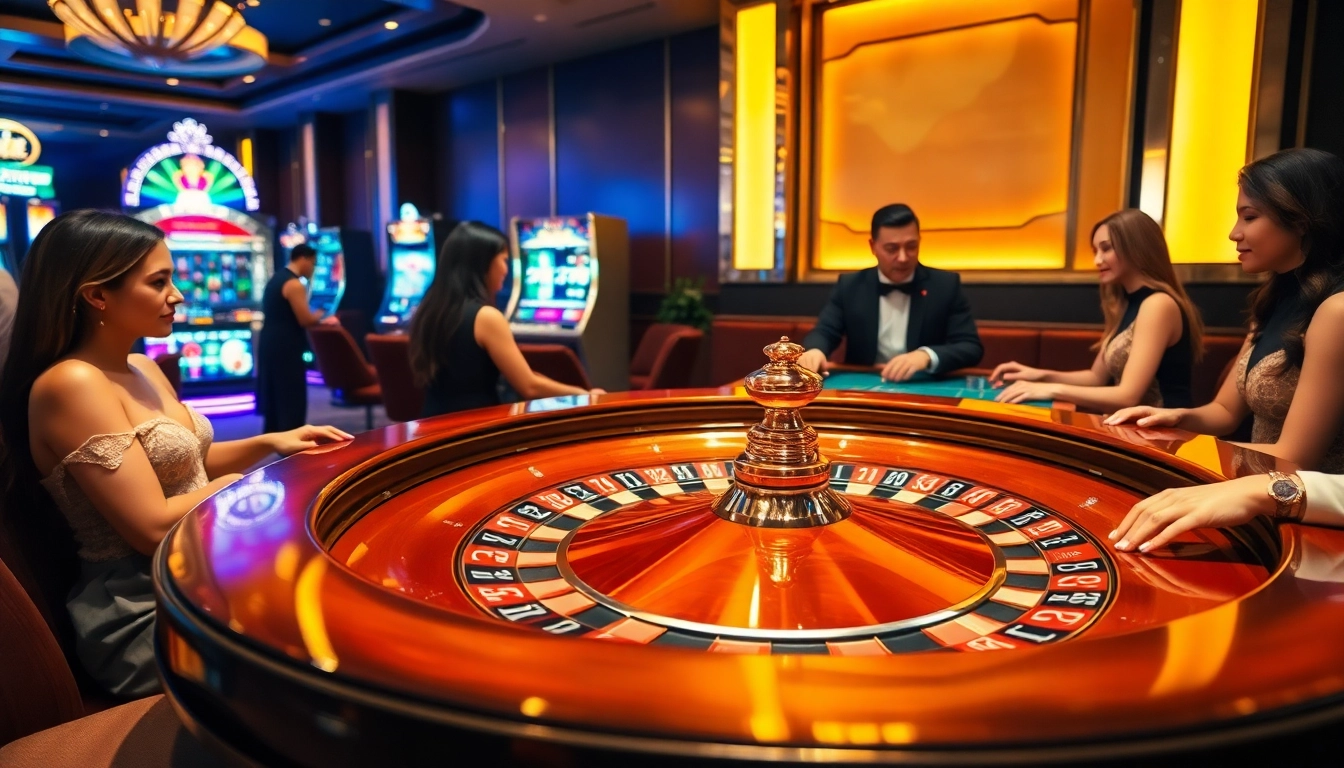 Glamorous casino scene highlighting excitement at https://88ii88.com/ with roulette and players.