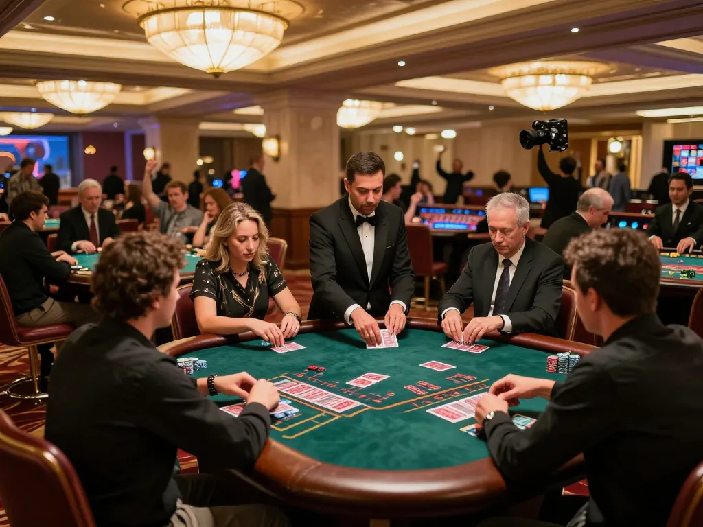 Players engaging at a blackjack table in a luxurious mb66 casino setting, showcasing strategic gameplay.