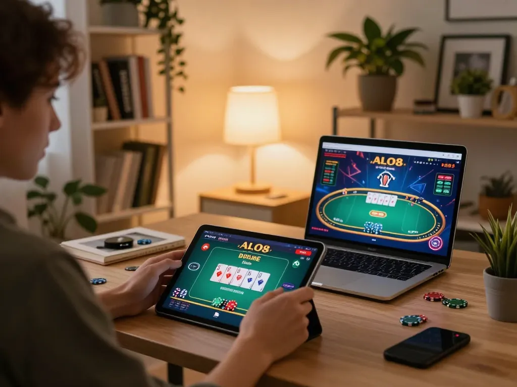 A person engaging with the ALO8 casino app in a cozy home office for online gaming