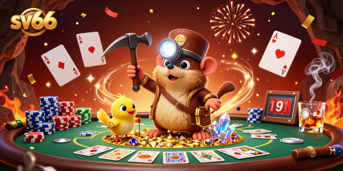 Win big at sv66 with a thrilling 3D treasure hunt casino scene featuring poker elements.