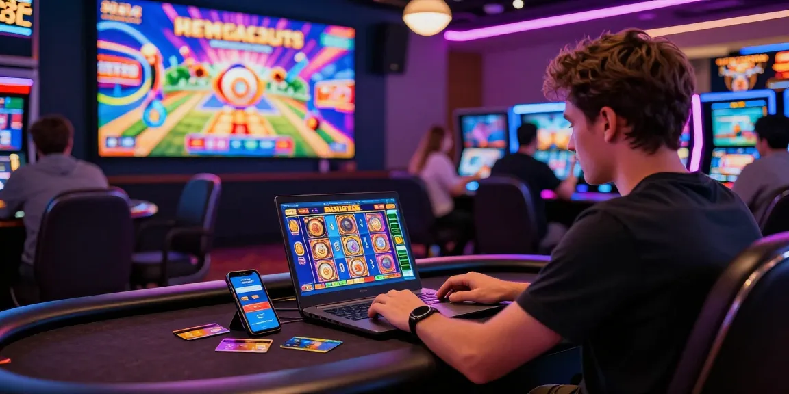Player engaging with credit card casinos on a laptop, surrounded by credit cards and vibrant gaming lights.