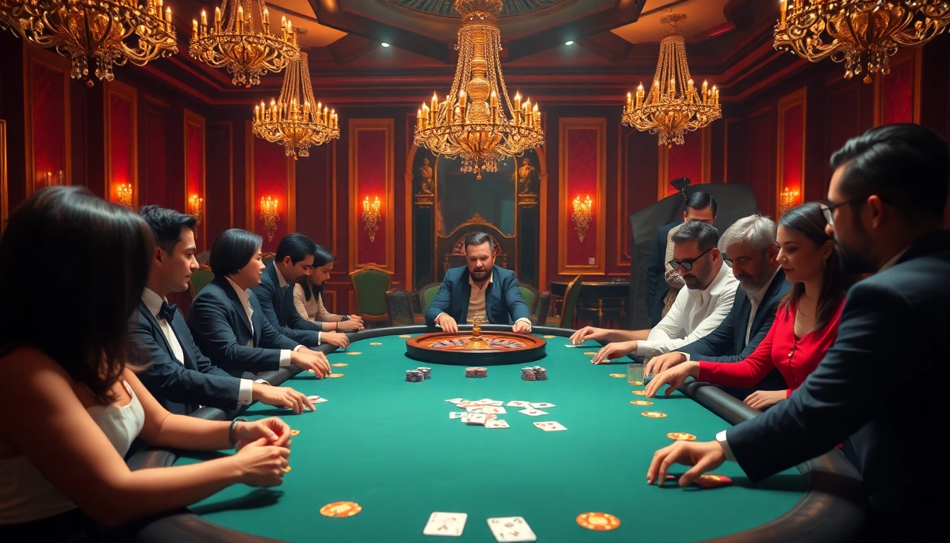 Casino atmosphere with poker players enjoying the thrill at https://bl555.uk.com/ with detailed chips and cards.