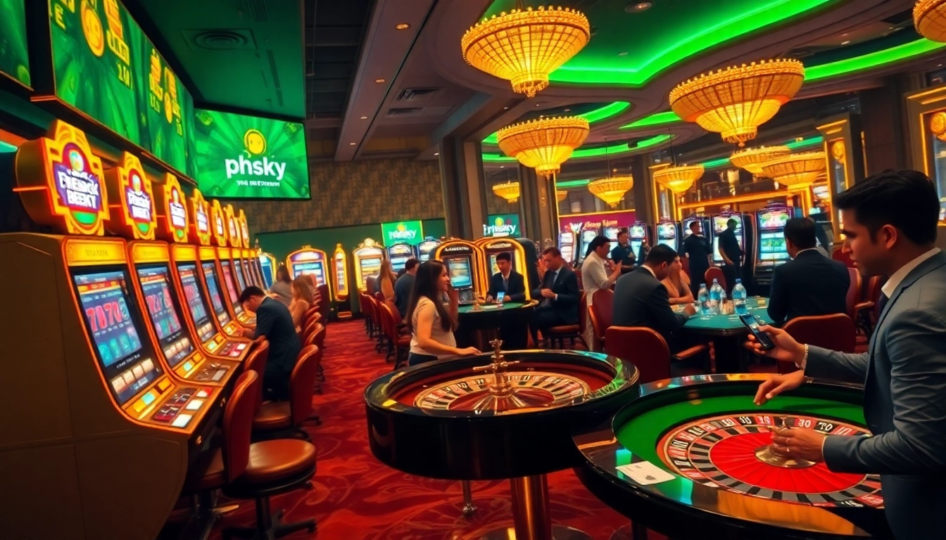 PHSKY online betting casino scene with vibrant slot machines and players engaging in gaming.