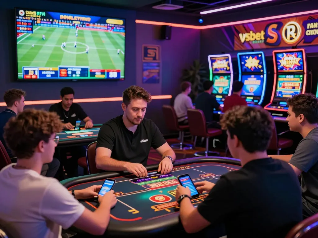 Engaged players enjoying various games on the vsbet online gambling platform, showcasing excitement in a lively atmosphere.