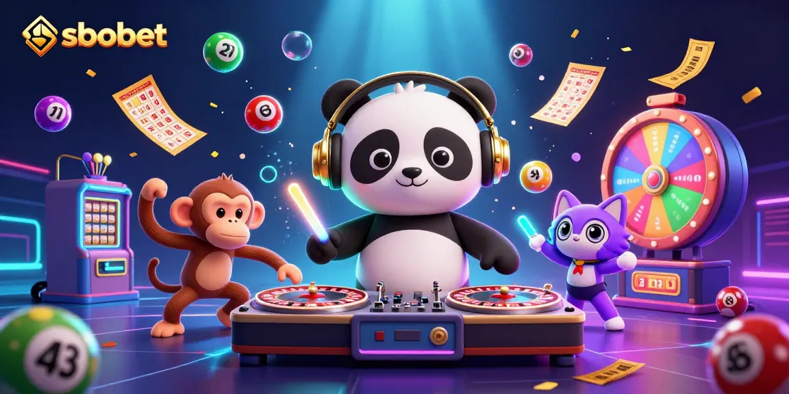 SboBet showcases excitement with a DJ panda, breakdancing monkey, and rave kitten amidst dynamic casino elements.