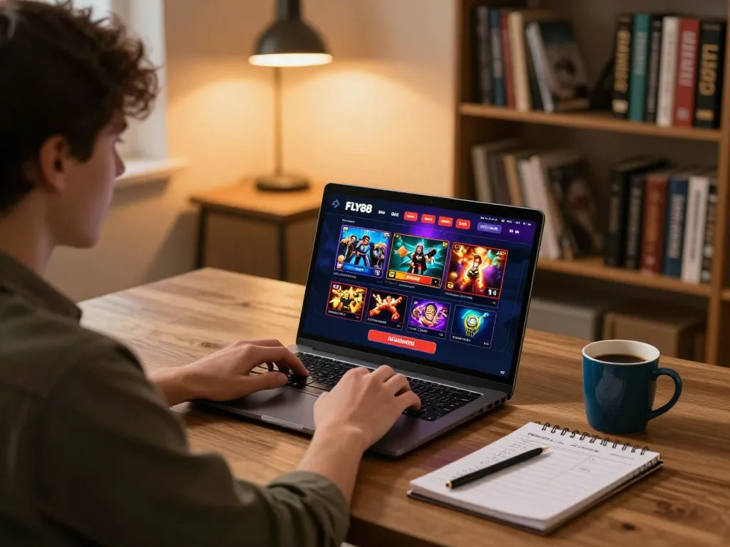 Player enjoying FLY88 online casino experience while strategizing in a cozy home office setting.