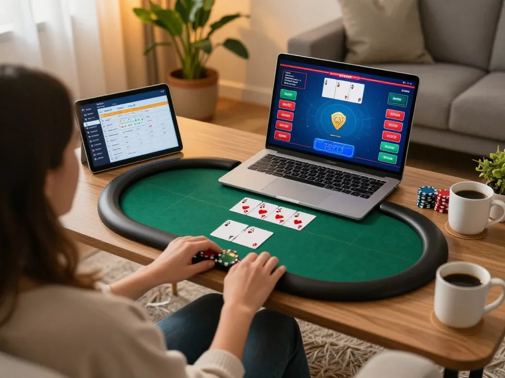 Tic88 online poker gameplay on a cozy sofa, highlighting engaging strategy and comfort