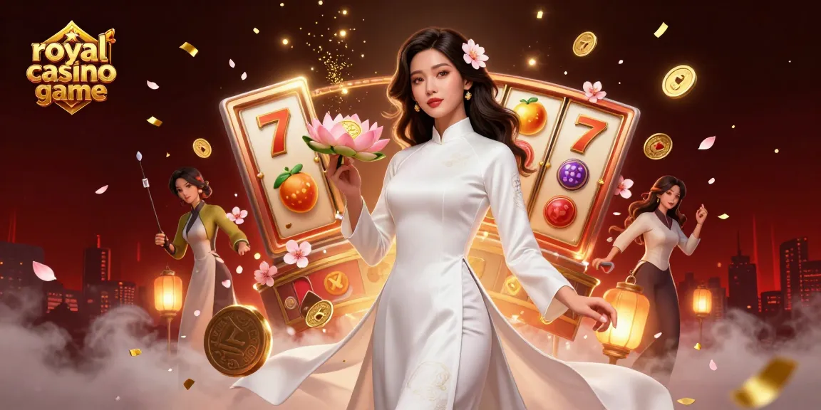 Engage in the royal casino game with vibrant slots, jackpot symbols, and a serene Asian woman.